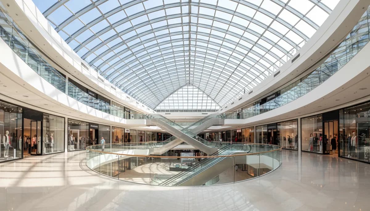 AVM tesis yönetimi — çok katlı atrium ve yürüyen merdivenleriyle alışveriş merkezi