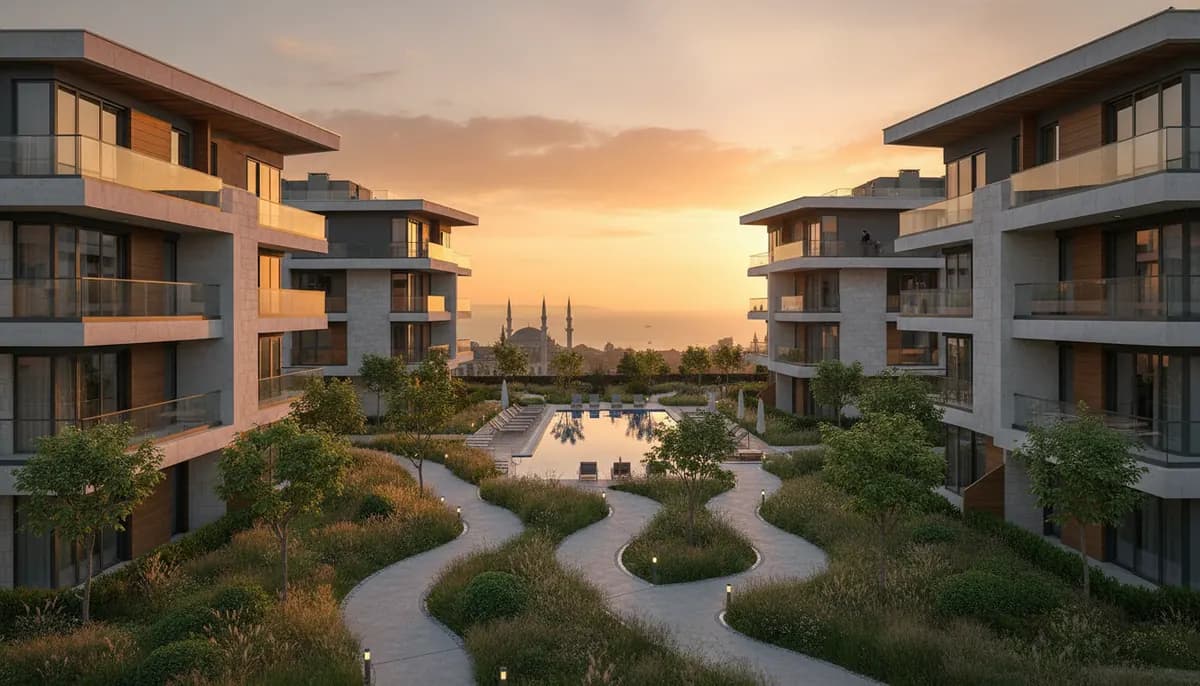 Site yönetimi hizmeti — peyzajlı ortak alanıyla modern konut sitesi