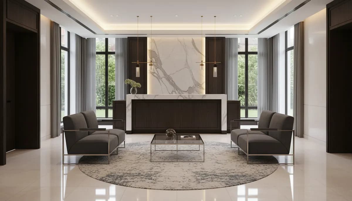 Otel tesis yönetimi — resepsiyon bankosuyla konaklama tesisi lobisi