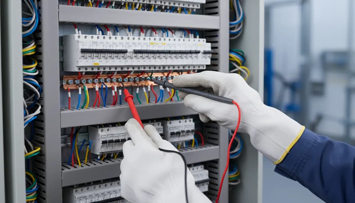 Teknik işletme — elektrik panosunda ölçüm yapan bakım teknisyeni